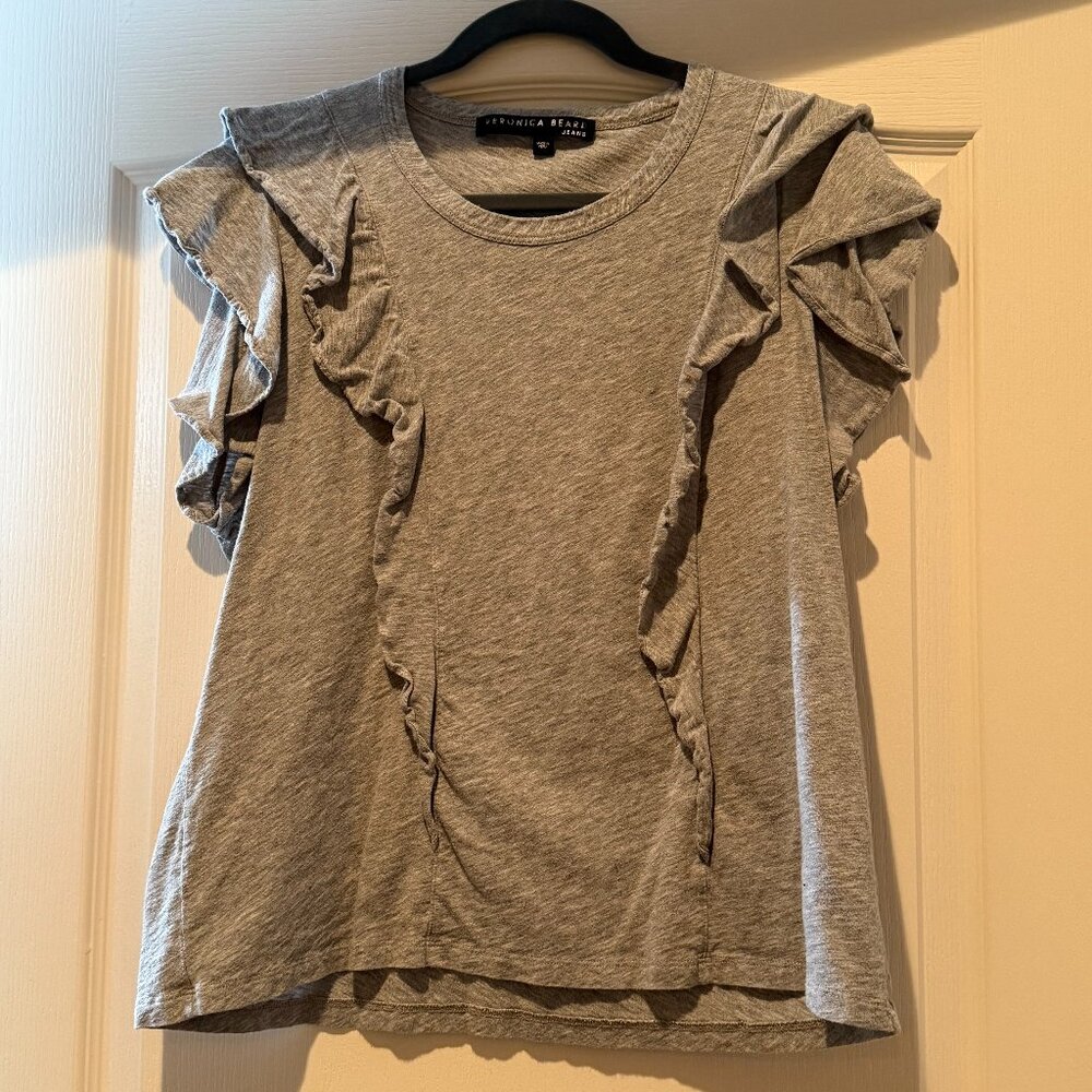 Veronica Beard | Bea Short-Sleeve Crewneck Ruffle Tee | Light Gray | Size: XL